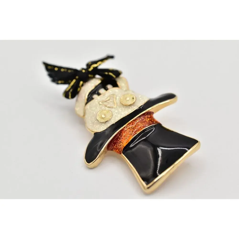Vintage Halloween Skull Pin Brooch Skeleton Top Hat Glitter Enamel Chunky BinBA